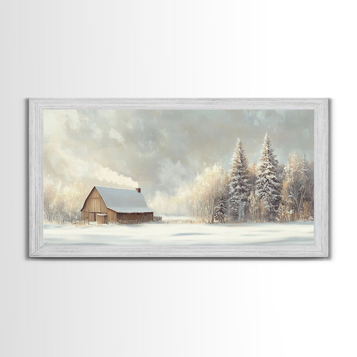 Snowy Barn In Winter Wonderland Tall Art Framed Canvas Print Tranquil Rustic Barn Covered In Snow With Pine Trees Winter Landscape