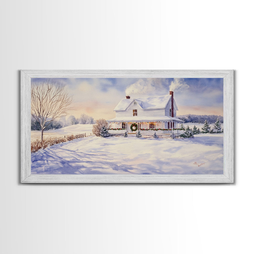 Farmhouse Christmas decor Framed Canvas Print snowy white farmhouse with wreath winter wonderland holiday decor best gift Christmas wall art