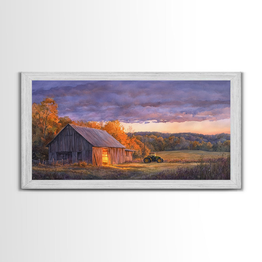 Rustic autumn farmhouse decor Canvas Print sunset landscape with tractor and barn moody landscape fall decor autumn wall art gift idea