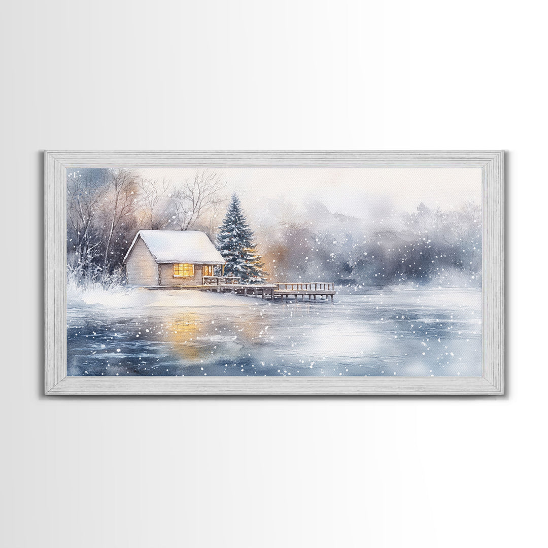 Christmas winter cabin Framed Canvas Print snowy lakeside cabin Christmas tree cozy holiday decor winter wonderland art Christmas wall decor