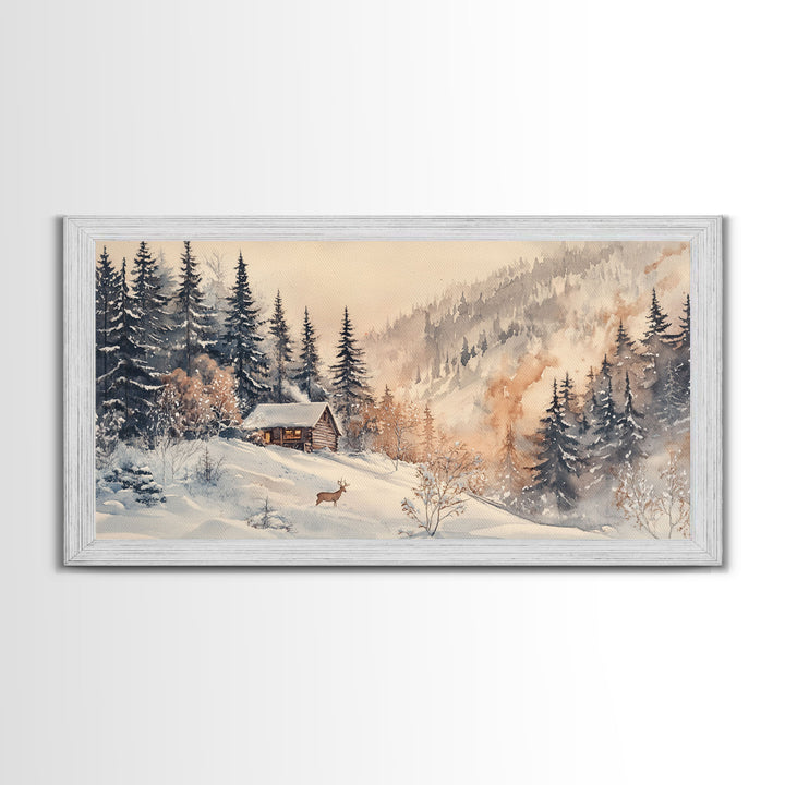 Christmas winter cabin Canvas Print snowy mountain cabin deer cozy holiday wall art winter wonderland seasonal decor Christmas gift idea