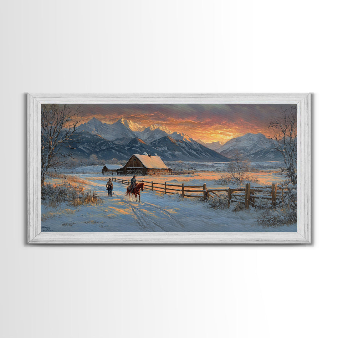 Dawn on the Frontier - Christmas scene art, winter wonderland, rustic Christmas art, Christmas farmhouse decor, snowy mountain art