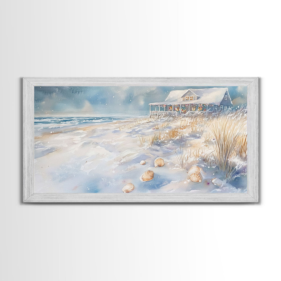 Seaside Snowfall - beach Christmas, beach Christmas decor, Christmas vacation decor, winter wall art, Christmas tree art