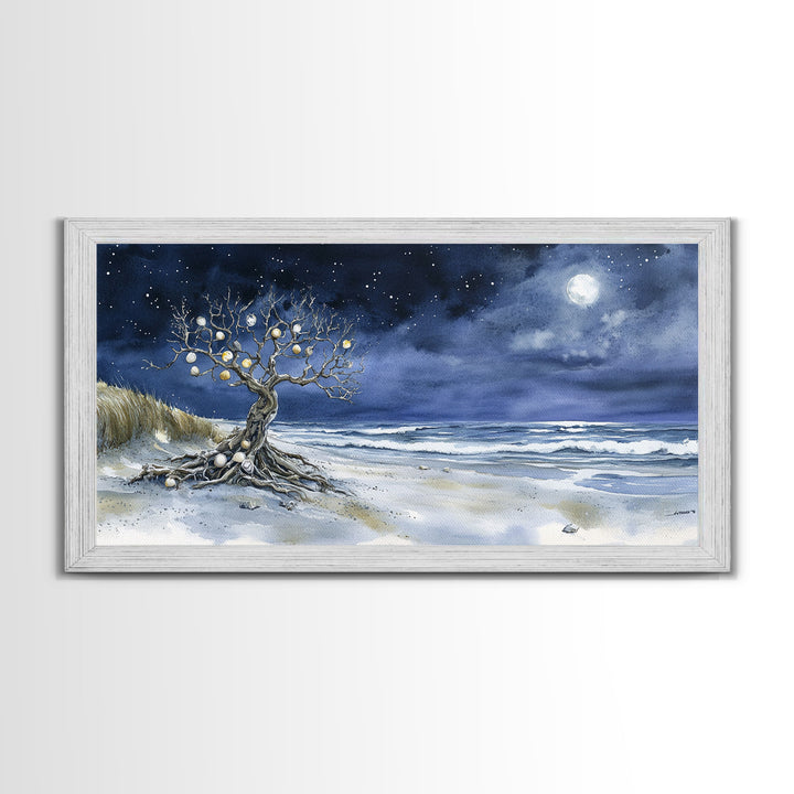 Moonlit Sea and the Tree of Ornaments - tropical Christmas, Christmas decor, Christmas wall art, Nordic Christmas decor, Christmas outdoor