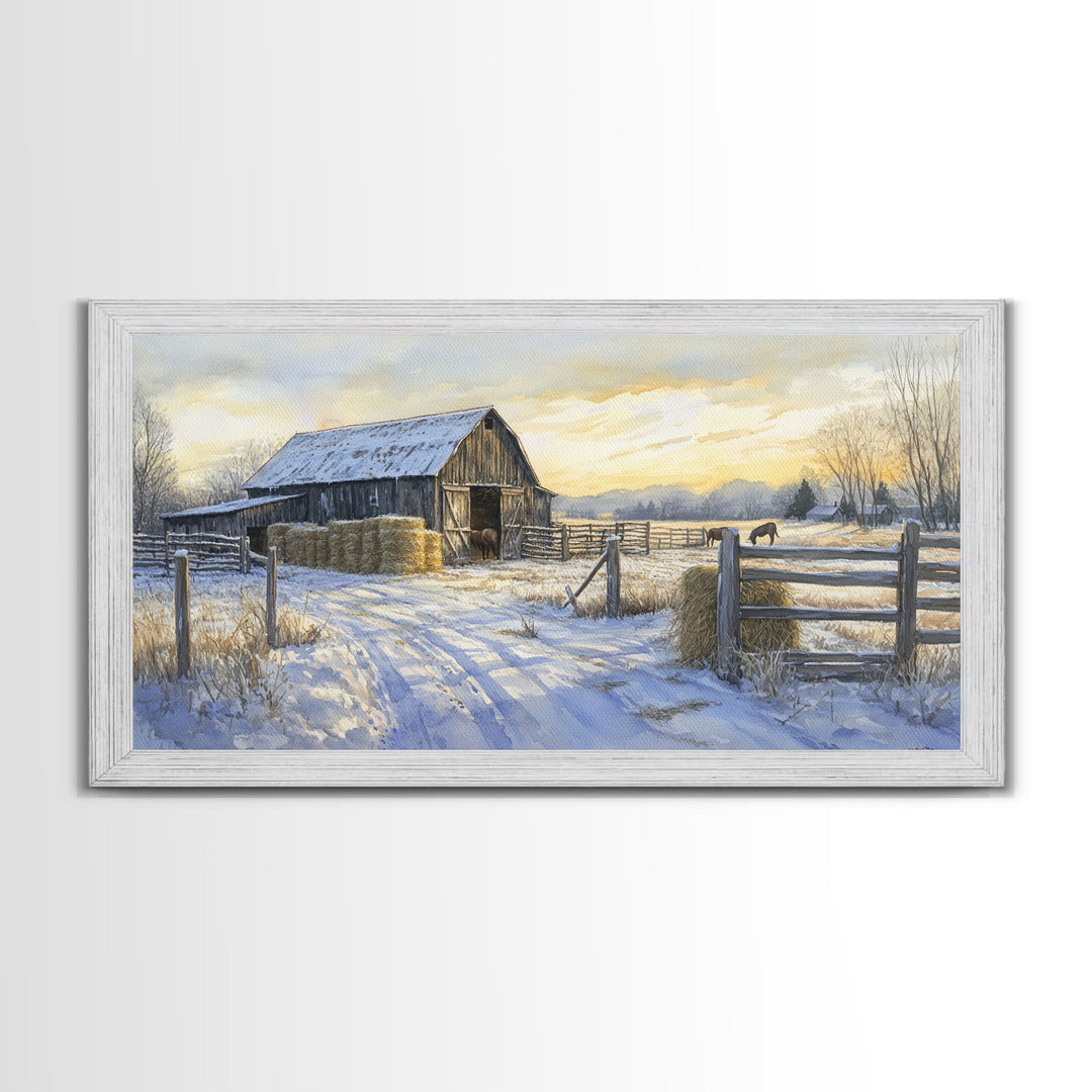 Snowy Barn Horses Canvas Print Winter Landscape Art Farmhouse Christmas Wall Art Framed Canvas Print Rustic Christmas Outdoor Decor