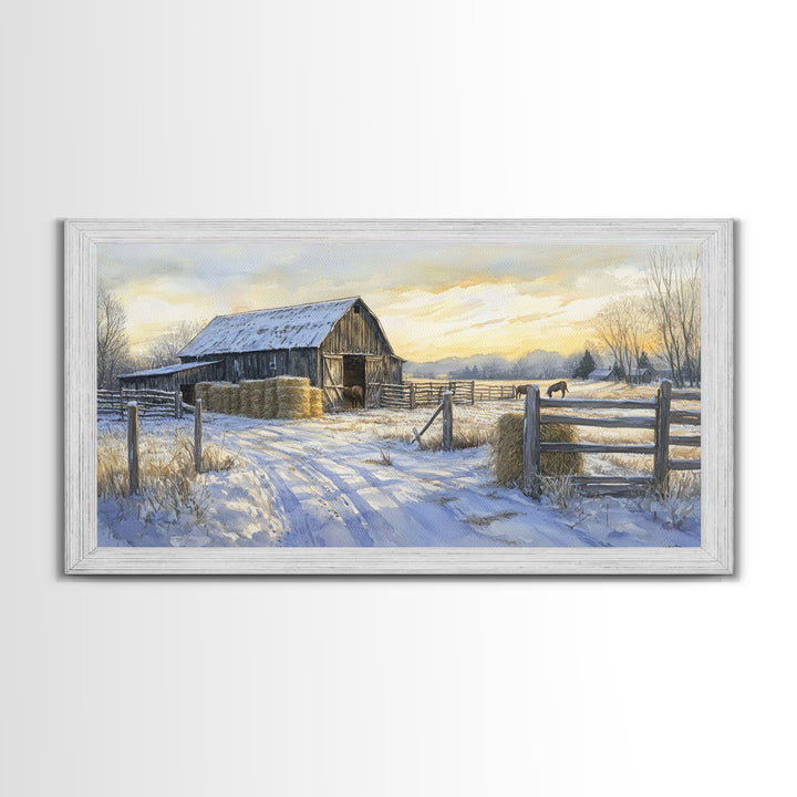 Snowy Barn Horses Canvas Print Winter Landscape Art Farmhouse Christmas Wall Art Framed Canvas Print Rustic Christmas Outdoor Decor