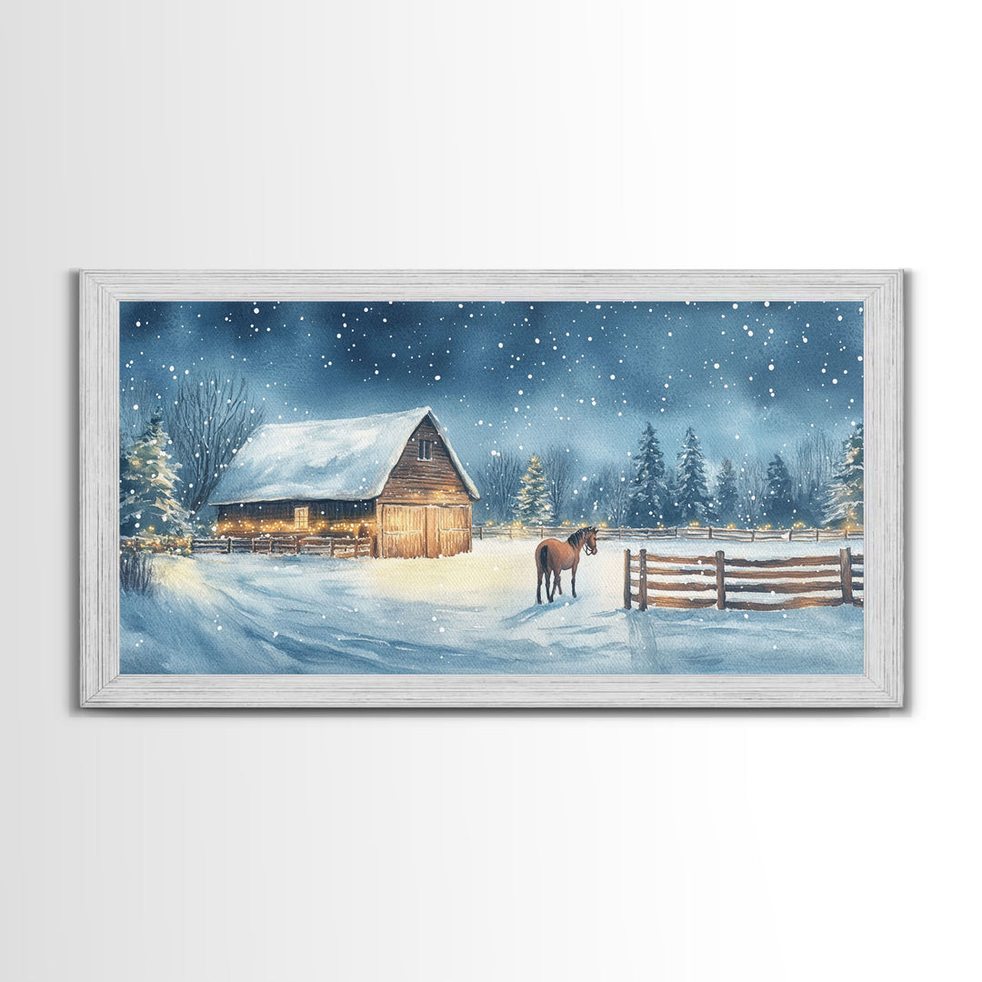 Snowy Horse Barn Canvas Print Christmas Farmhouse Decor Winter Wonderland Art Framed Canvas Print Christmas Outdoor Wall Art