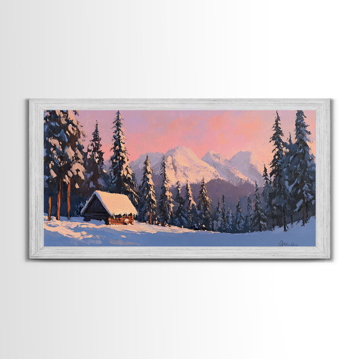 Snowy Mountain Cabin Tall Art Framed Canvas Print Cozy Winter Cabin Nestled In Snowy Forest With Majestic Mountain Landscape