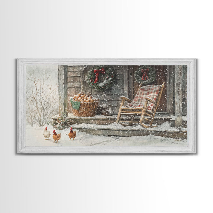 Winter porch with Christmas wreath, rustic farmhouse holiday art, Christmas decor print, winter art, canvas print, vintage Christmas decor