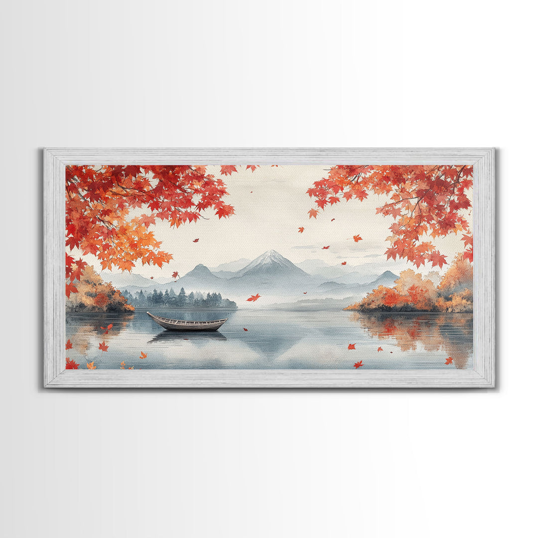 Mountain lake autumn art, fall leaves and boat decor, peaceful autumn landscape, serene fall wall art, framed canvas print, autumn decor