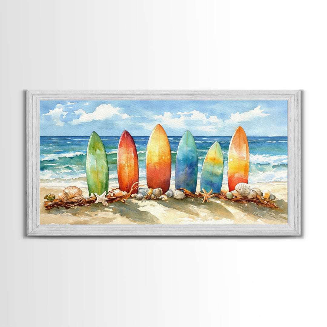 Colorful surfboards Christmas wall art, beach holiday decor, coastal Christmas art, framed canvas print, tropical Christmas art gift