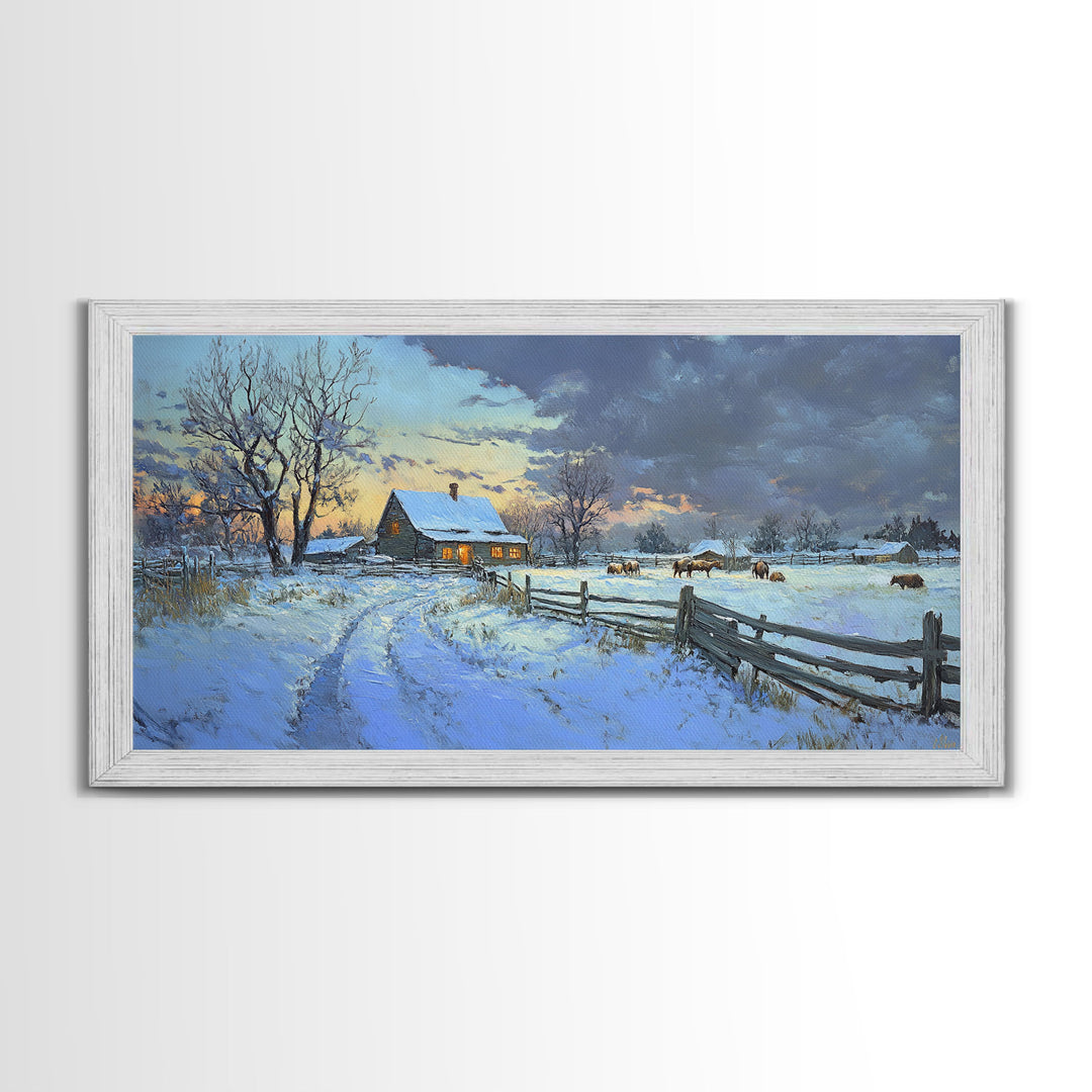 Beautiful Winter Snowy Farm Framed Canvas Print Rustic Christmas Decor, Christmas Wall Art and Holiday Art Prints, Gift Home Decor