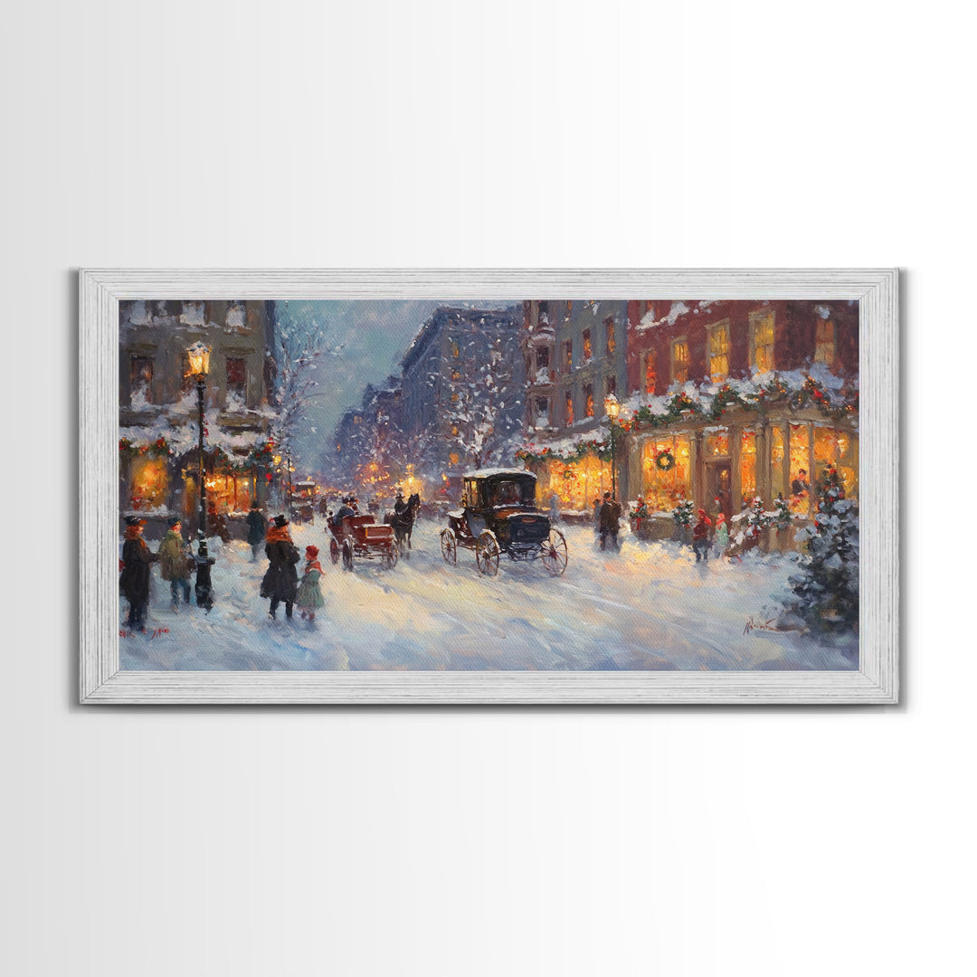 Victorian Christmas Market Tall Art Framed Canvas Print Winter Street Scene With Holiday Decorations And Horse-Drawn Carriages In Snow