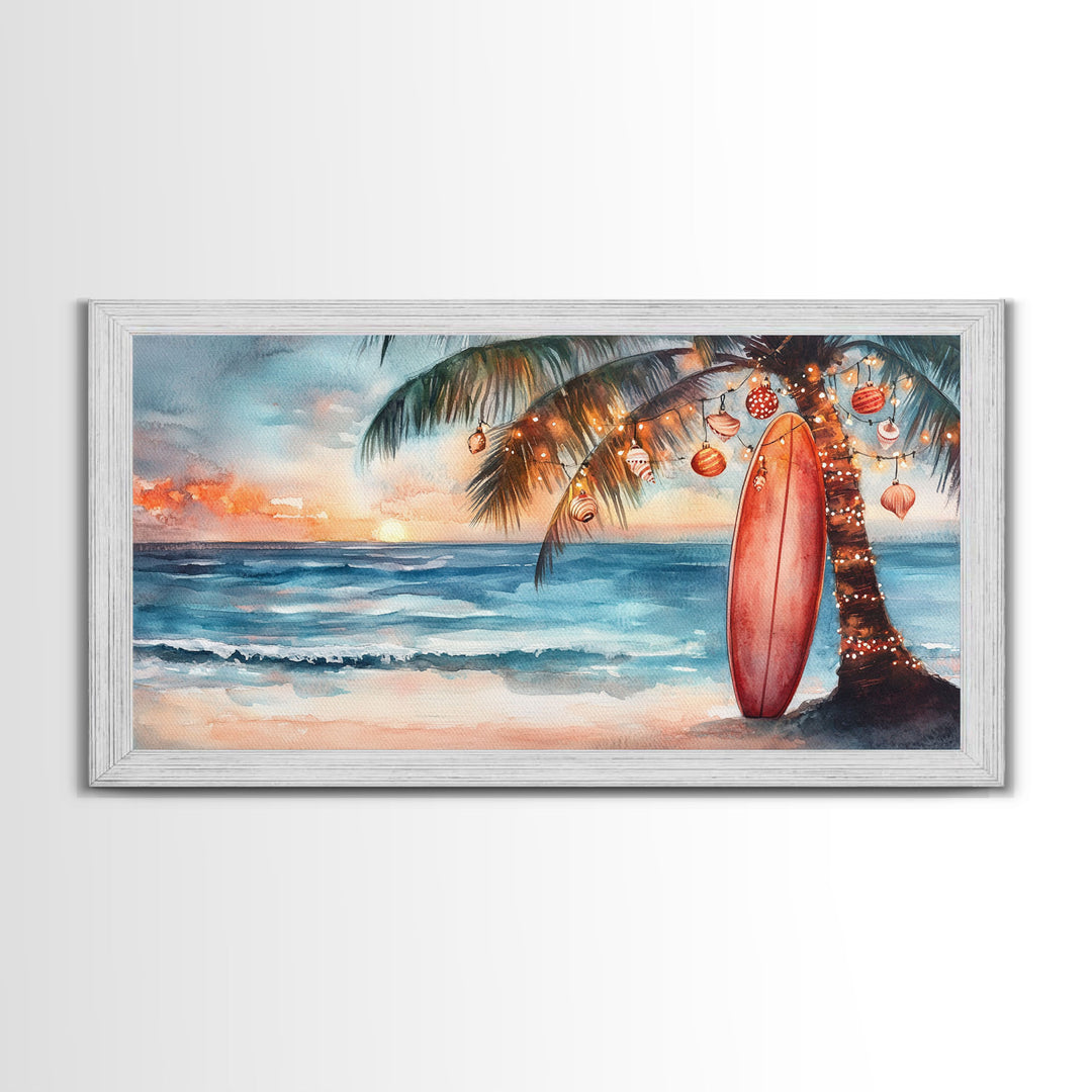 Tropical Palm Tree with Christmas Ornaments at Sunset, Framed Canvas Print, Beach Art, Tropical Christmas Decor, Coastal Holiday Wall Art