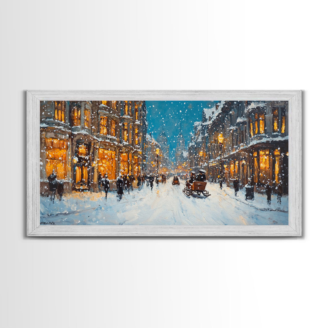 Large Framed Canvas Print Winter Wonderland Snowy City Street Art with Horse Carriage Perfect Christmas Home Decor Holiday Wall Art