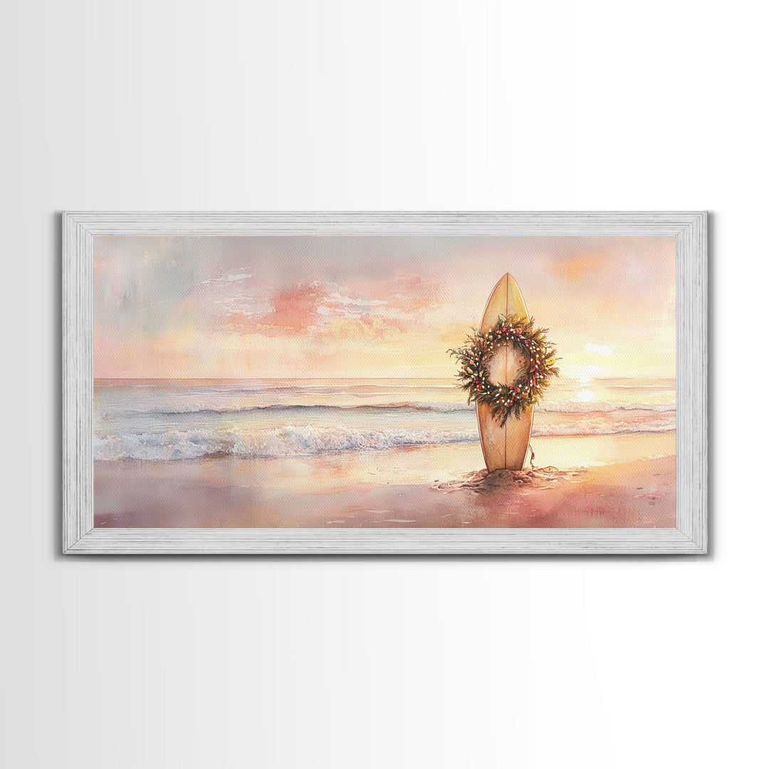 Tropical Beach Sunset Surfboard Wreath Canvas Print | Coastal Christmas Art Gift | Beach Christmas Decor | 2024 Christmas Home Wall Art