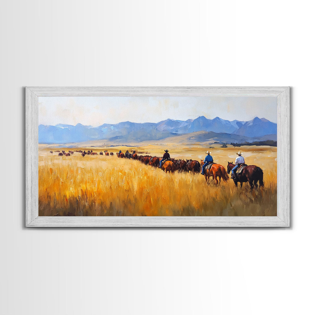 Cowboys Framed Canvas Print Western Country Horse Ride Scenic Art Large Landscape Wall Decor Ideal Holiday and Ranch Home Gift