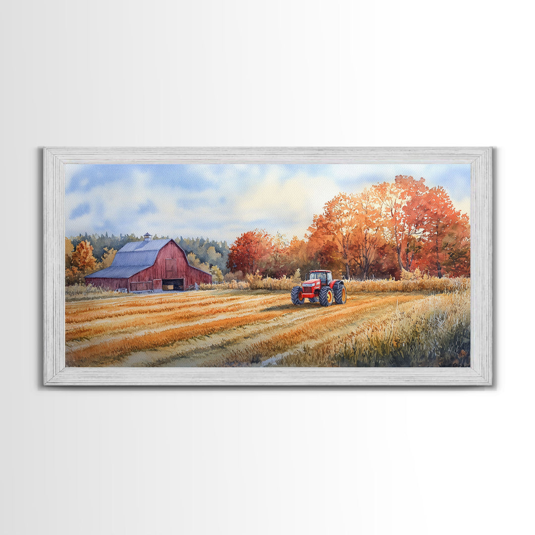 Red Barn in Autumn Landscape, Framed Canvas Print, Farmhouse Fall Decor, Watercolor Wall Art, Above Sofa Art, Wall Decor, Gift Idea 2024