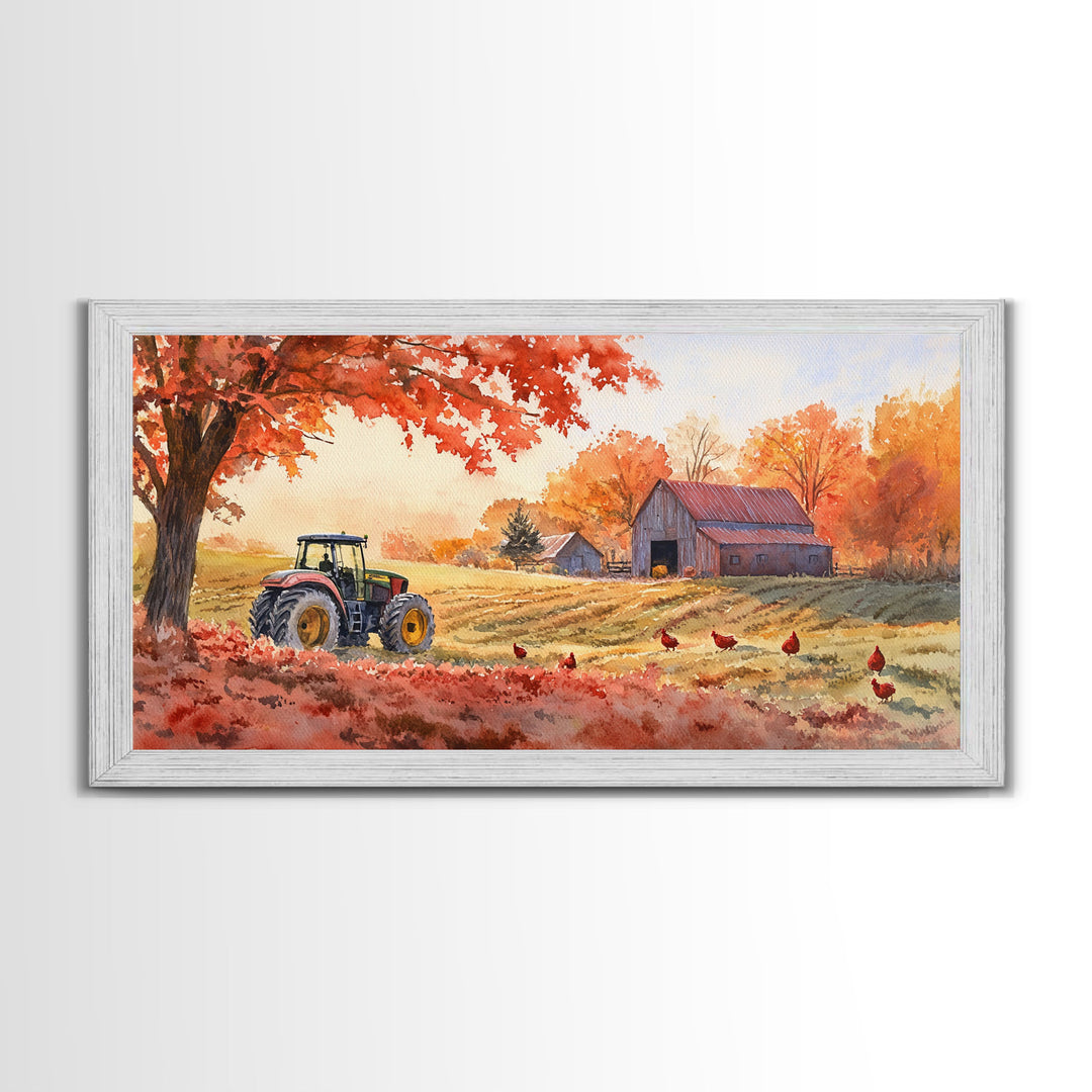 Tractor in Fall Field with Barn, Watercolor Wall Art, Farmhouse Autumn Decor, Framed Canvas Print, Home Decor, Above Sofa Art, Gift Idea