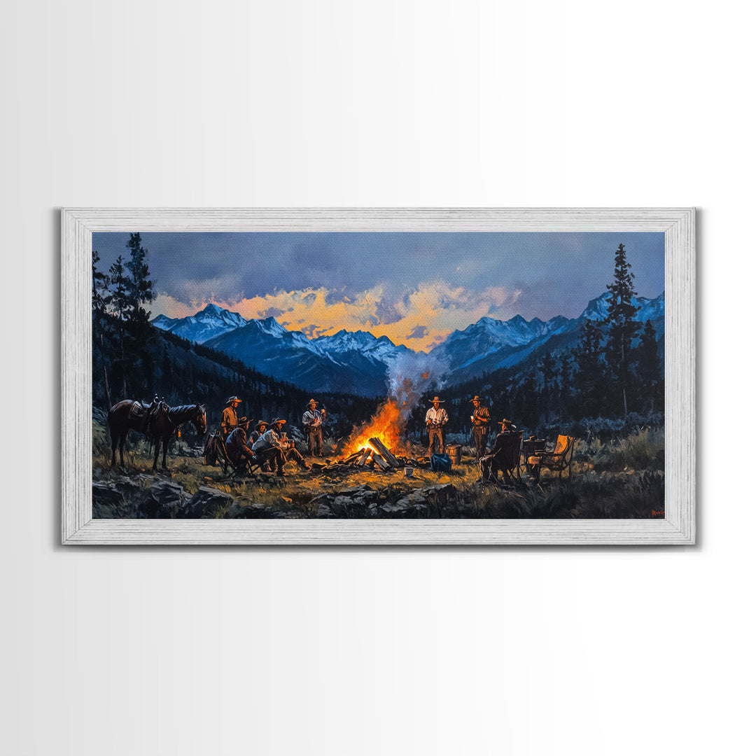 Framed Canvas Print Western Cowboys Campfire Evening Art Landscape Rustic Winter Mountain Home Decor Extra Large Wall Art Gift