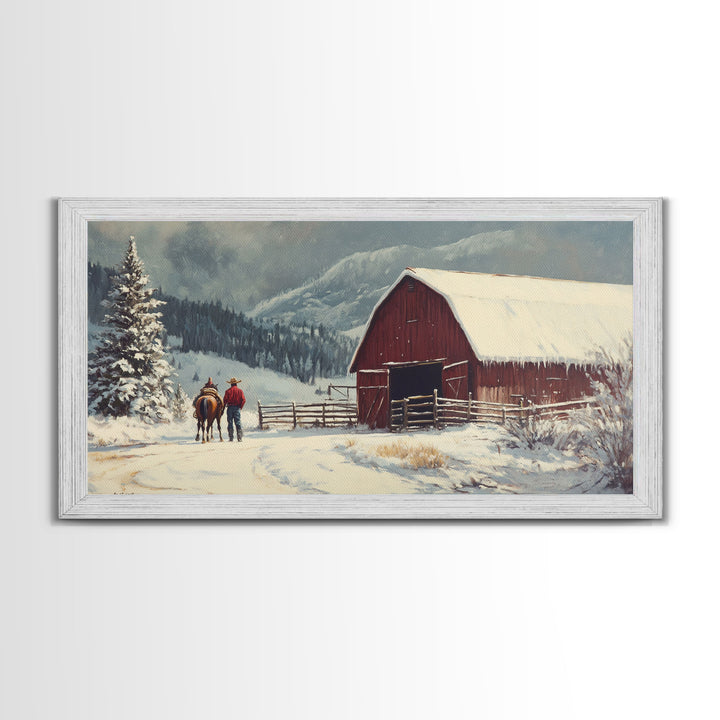 Winter On The Farm, Barn Painting, Framed Canvas Print, Primitive Farmhouse Decor, Christmas Decor, Winter Wonderland Rustic Winter Wall Art