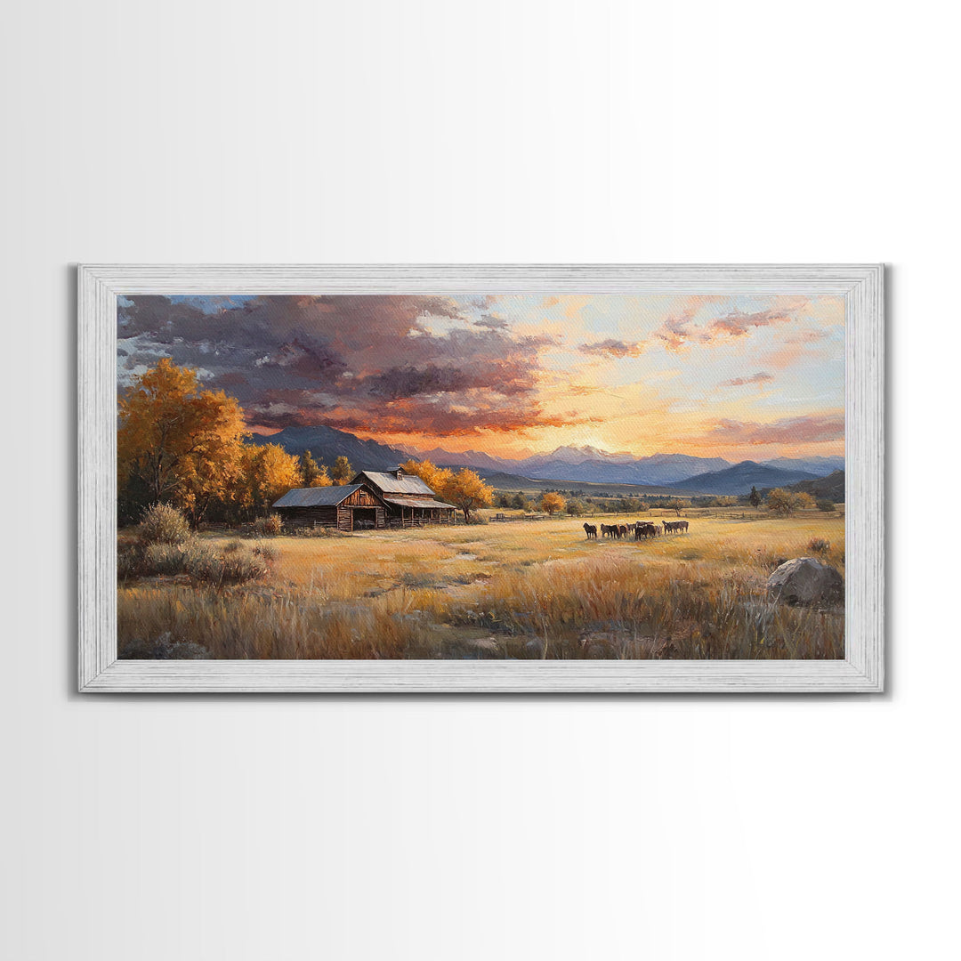 Sunset Ranch Framed Canvas Print Scenic Landscape Art Autumn Mountain Wall Decor Ideal Holiday and Fall Home Decor Extra Large Art