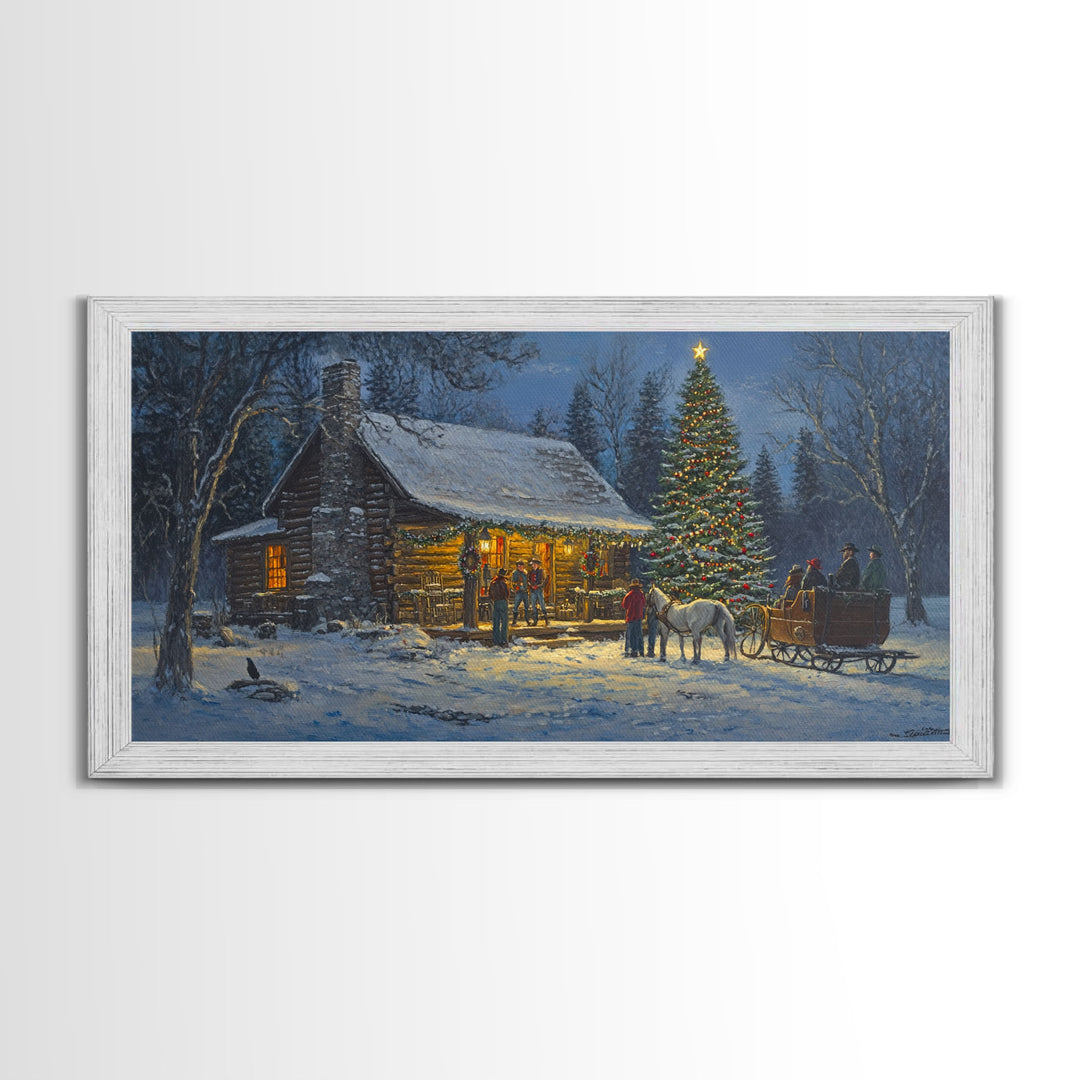 Winter Christmas Framed Canvas Print Cabin Christmas Tree Scene Wall Art Large Christmas Decor Perfect Rustic Holiday Wall Art