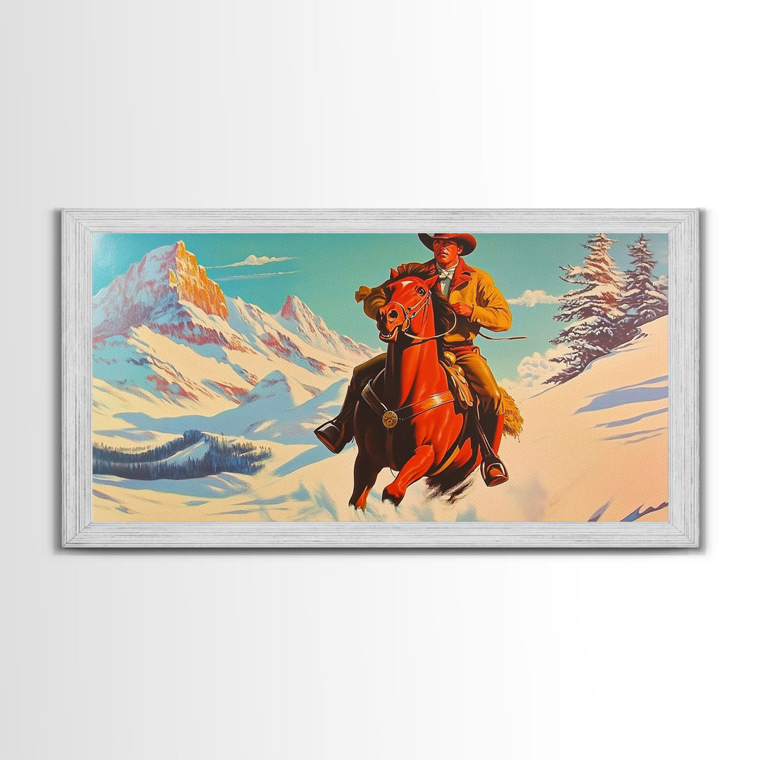 Cowboy in red jacket riding through snow-covered forest, Framed Canvas Print, vibrant winter wall art, rustic western decor