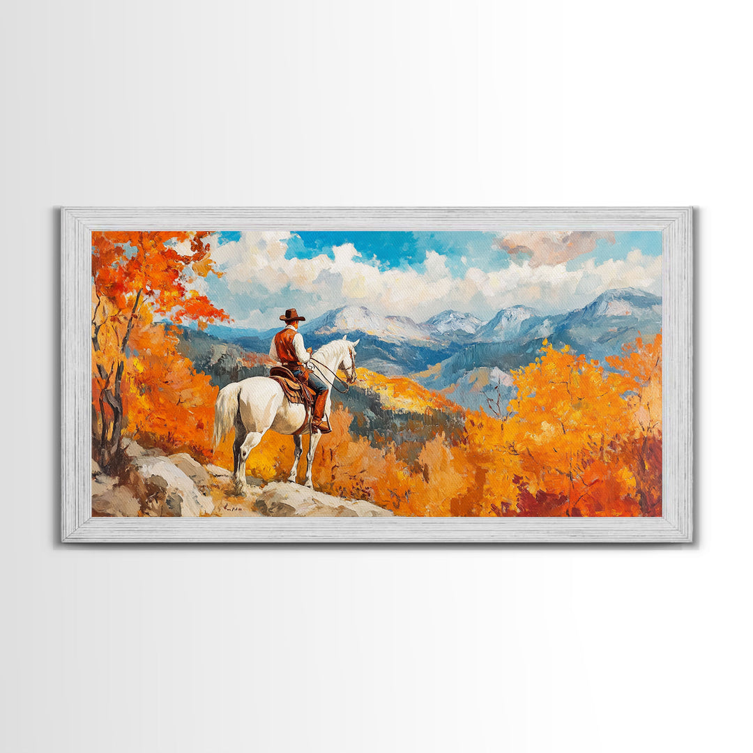 Cowboy on autumn swing, Framed Canvas Print, rustic Western art with vibrant fall, tall framed canvas print autumn decor farmhouse wall art