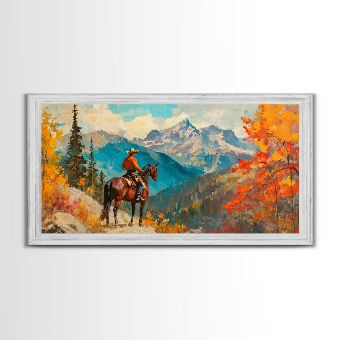 Female cowboy in fall forest, Framed Canvas Print, tall striking artwork rustic or modern farmhouse seasonal wall art