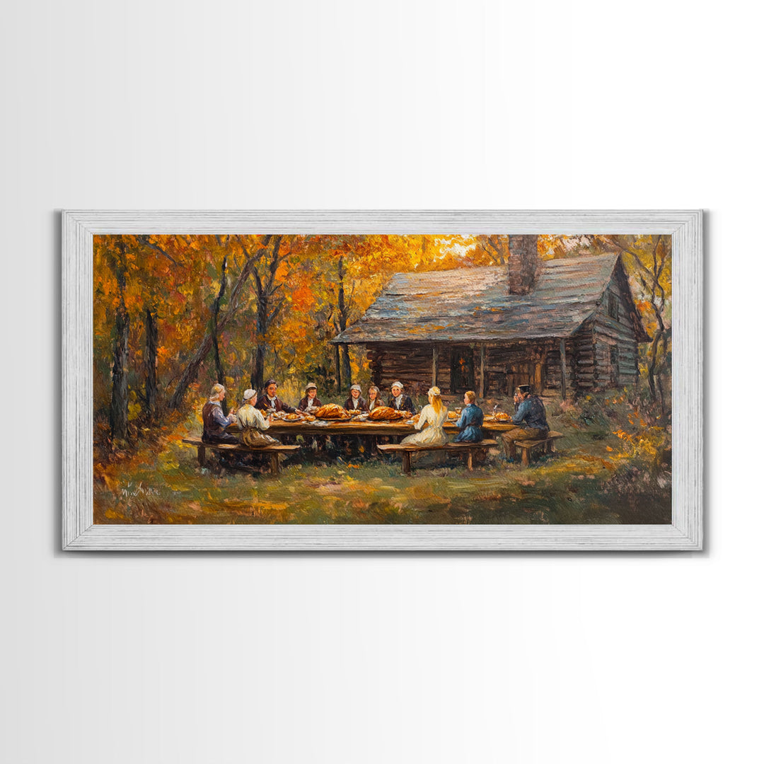 Thanksgiving Dinner With Family At Rustic Cabin, Cozy Fall Harvest Scene Wall Art, Warm Autumn Framed Canvas Print, Country Decor