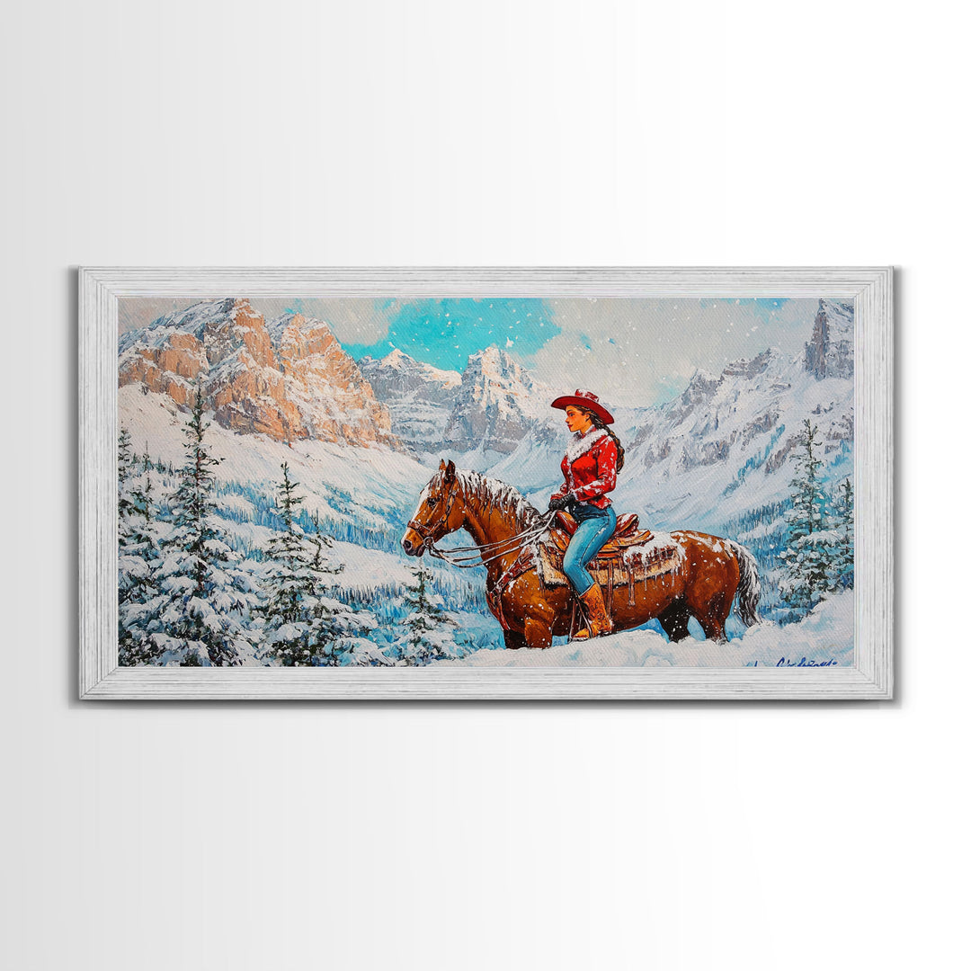 The Rider, Winter Cowgirl Framed Canvas Print, Farmhouse Western Decor, rustic winter wall art for holiday or seasonal decor