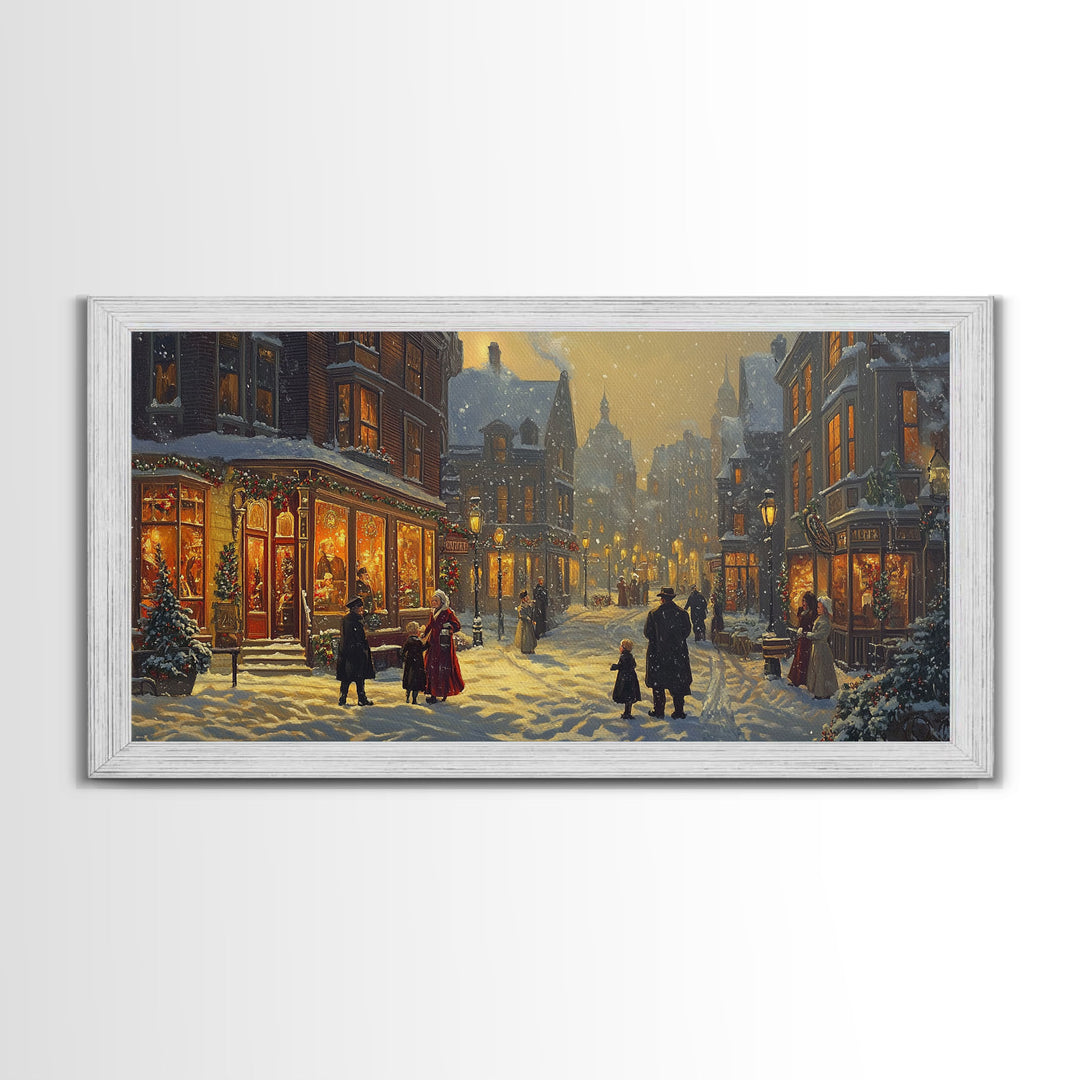 Victorian Christmas Street Scene With Families Shopping, Cozy Winter Wonderland Wall Art, Framed Canvas Print, Vintage Christmas Decor