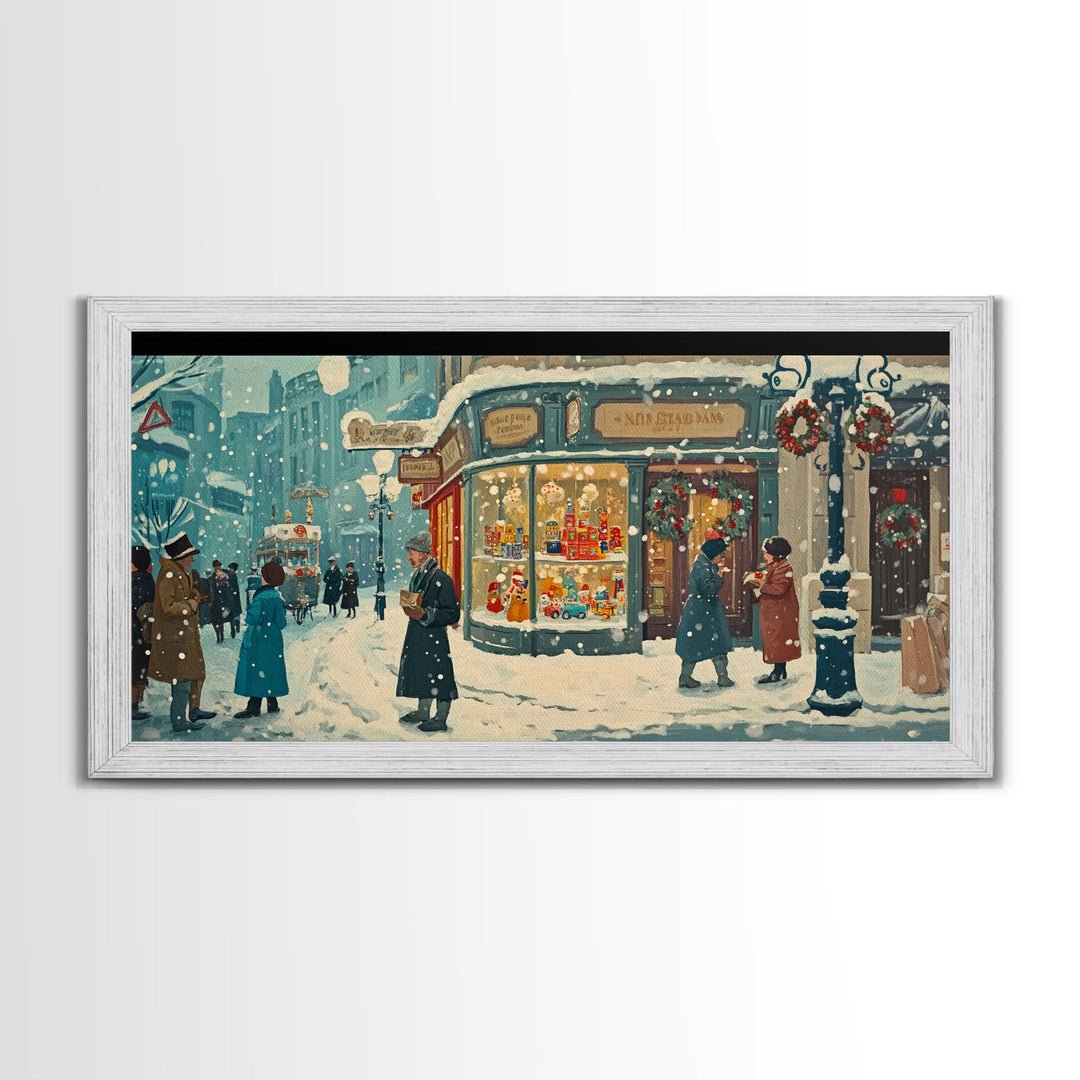 Vintage Christmas Street Framed Canvas Print, Victorian Christmas Decor, Winter Scene Art, Christmas Home Decor, Holiday Wall Art Gift