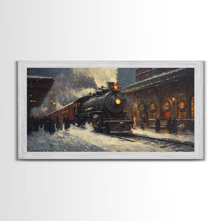 Winter Train Station Framed Canvas Print, Snowy Christmas Scene, Vintage Holiday Decor, Christmas Home Decor, Trendy Christmas Art