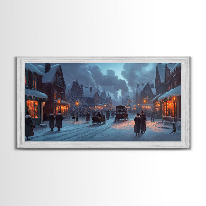 Victorian Winter Street Framed Canvas Print, Christmas Village Scene, Holiday Decor, Vintage Christmas Home Decor, Christmas Wall Art Gift