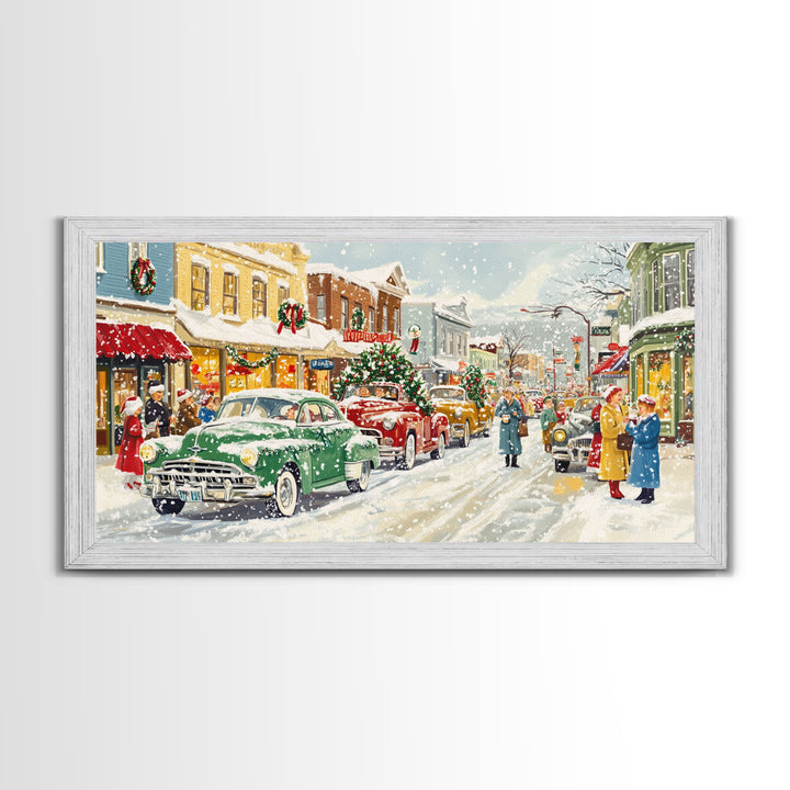 Festive Small Town Framed Canvas Print, Retro Christmas Village Scene, Vintage Christmas Decor, Christmas Vacation Art, Holiday Wall Art