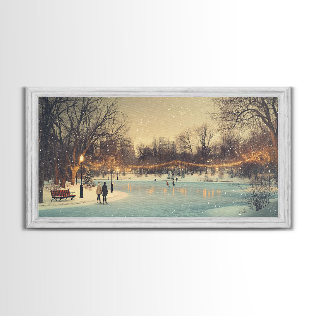 Snowy Ice Skating Framed Canvas Print, Winter Wonderland Scene Art, Vintage Christmas Decor, Christmas Vacation Art, Best Holiday Wall Art