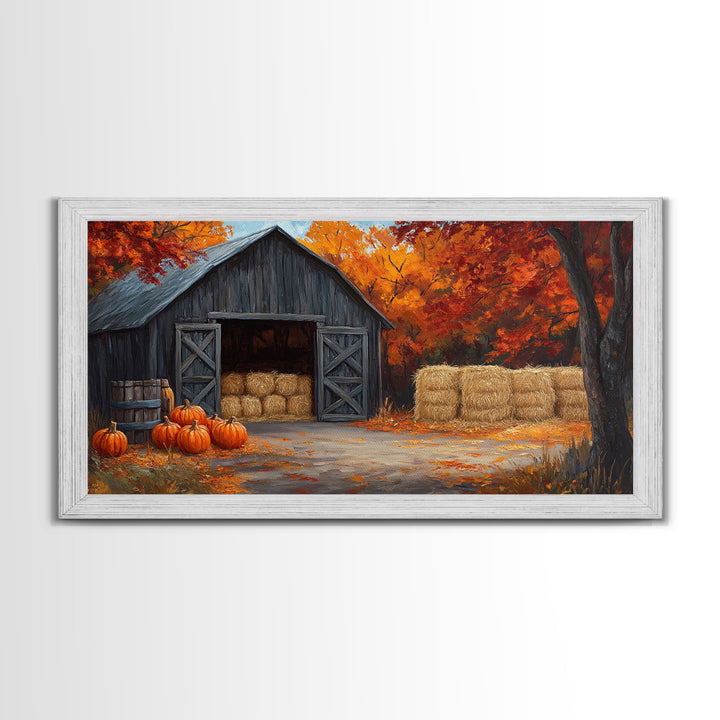 Fall Barnyard with Pumpkins Framed Canvas Print Farmhouse Decor, Fall Art Print, Rustic Home Decor, Seasonal Gift Wall Art