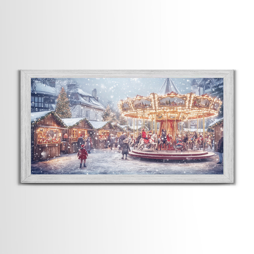 Festive Christmas Carousel Framed Canvas Print - Vintage Christmas Wall Art and Holiday Scene Decor with Christmas Characters