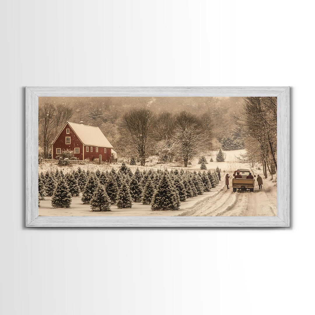 Snowy Farmhouse Christmas Tree Framed Canvas Print - Country Christmas Decor with Rustic Vintage Charm and Holiday Wall Art