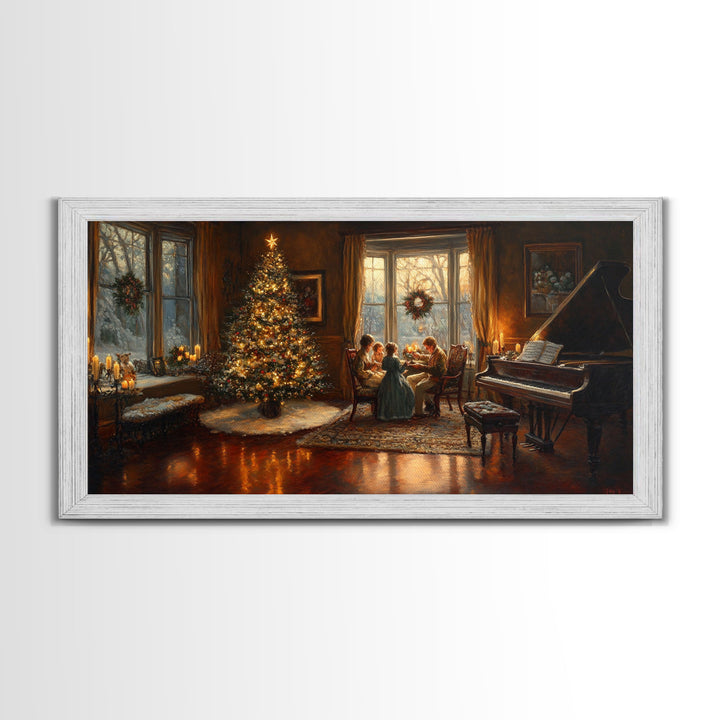 Family Gathering by Christmas Tree Framed Canvas Print - Warm Christmas Home Decor with Vintage Charm and Classic Holiday Wall Art