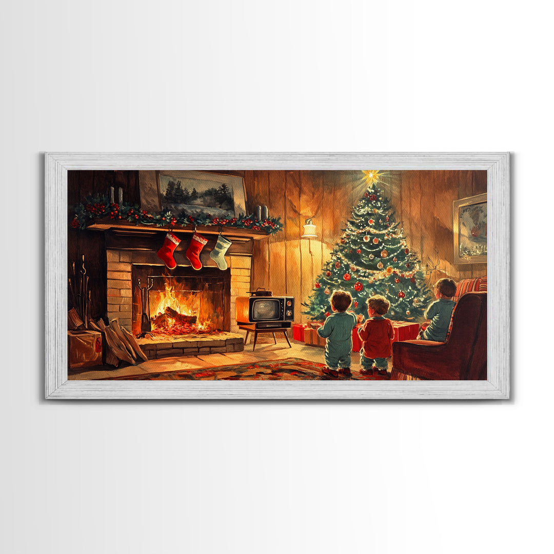 Vintage Christmas living room scene with fireplace and children, 2024 Christmas home decor, framed canvas print, vintage Christmas wall art