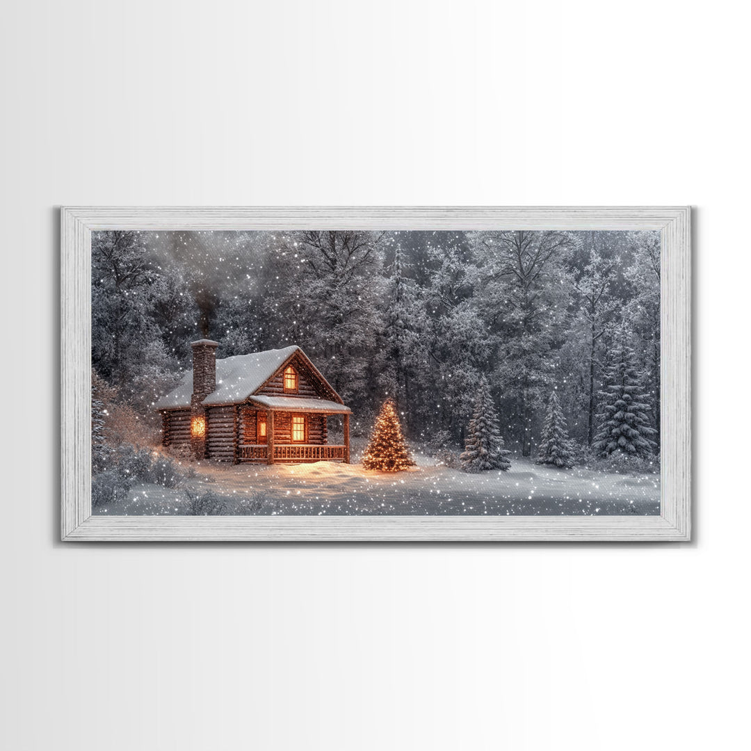 Winter cabin with Christmas tree outdoor decor, snowy landscape art, framed canvas print, winter wonderland wall art, holiday decor