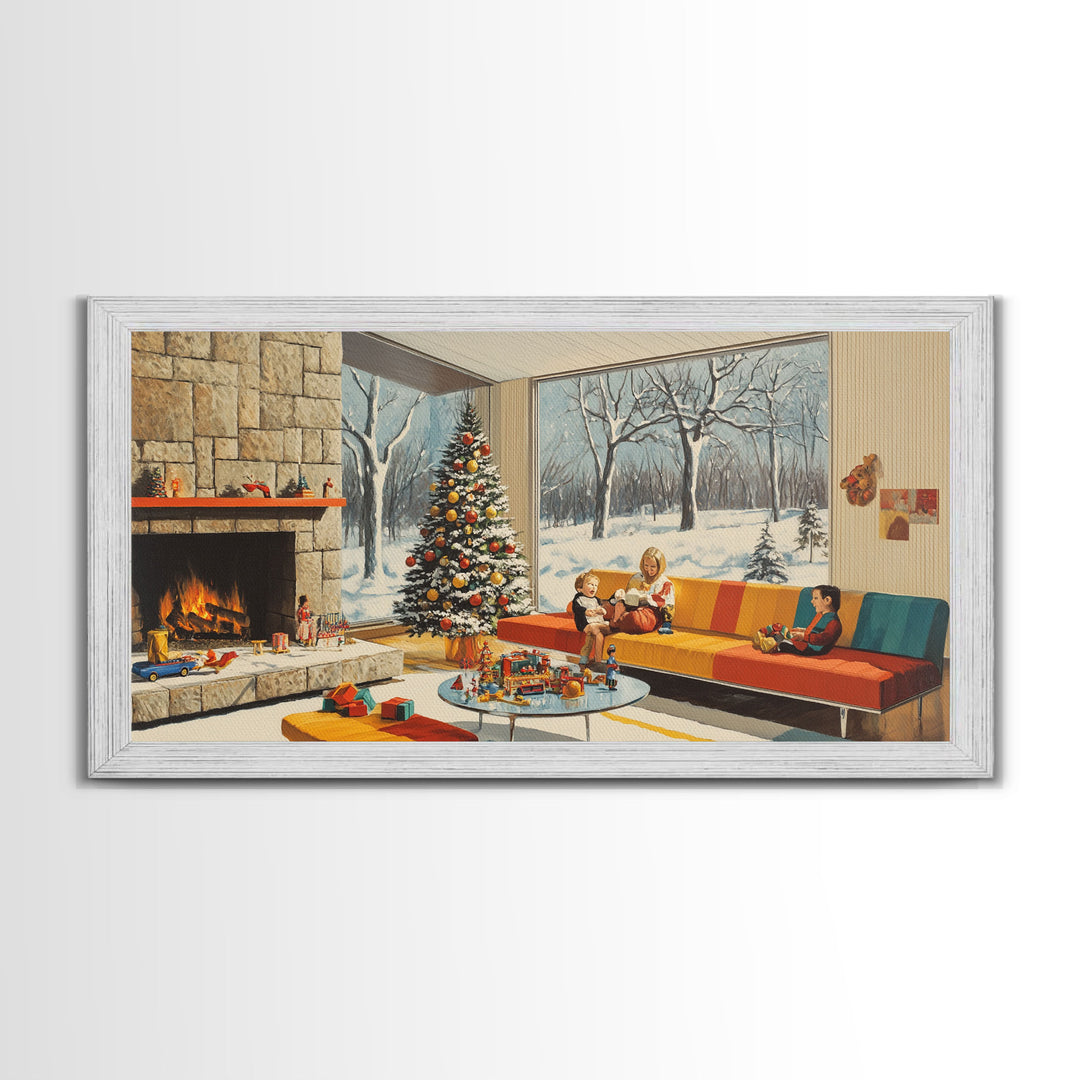 Mid century modern Christmas scene with fireplace and tree, retro Christmas decor, framed canvas print, 1960s Christmas home decor