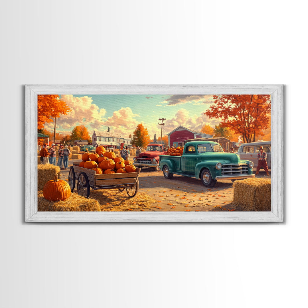 Fall pumpkin harvest with vintage trucks, country autumn decor, canvas print, fall farmhouse wall art, seasonal decor