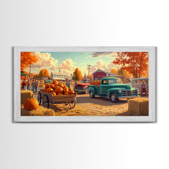 Fall pumpkin harvest with vintage trucks, country autumn decor, canvas print, fall farmhouse wall art, seasonal decor