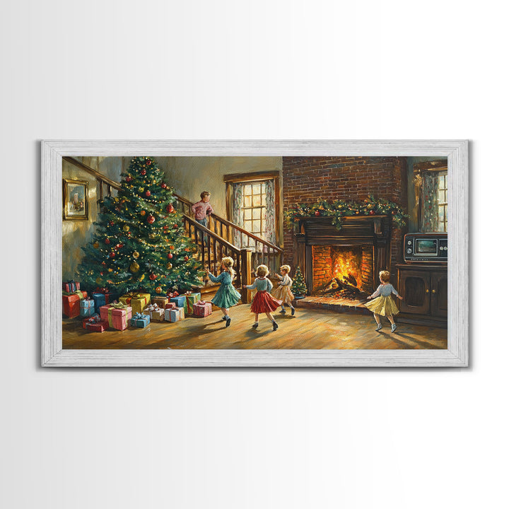 Vintage Christmas living room with fireplace and tree, children and presents, framed canvas print, Christmas decor, holiday wall art