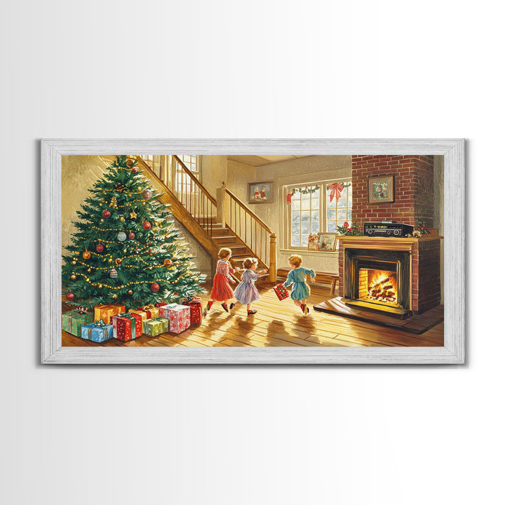 Cozy Christmas living room scene with tree and presents, vintage holiday decor, canvas print, Christmas wall art, Christmas decor