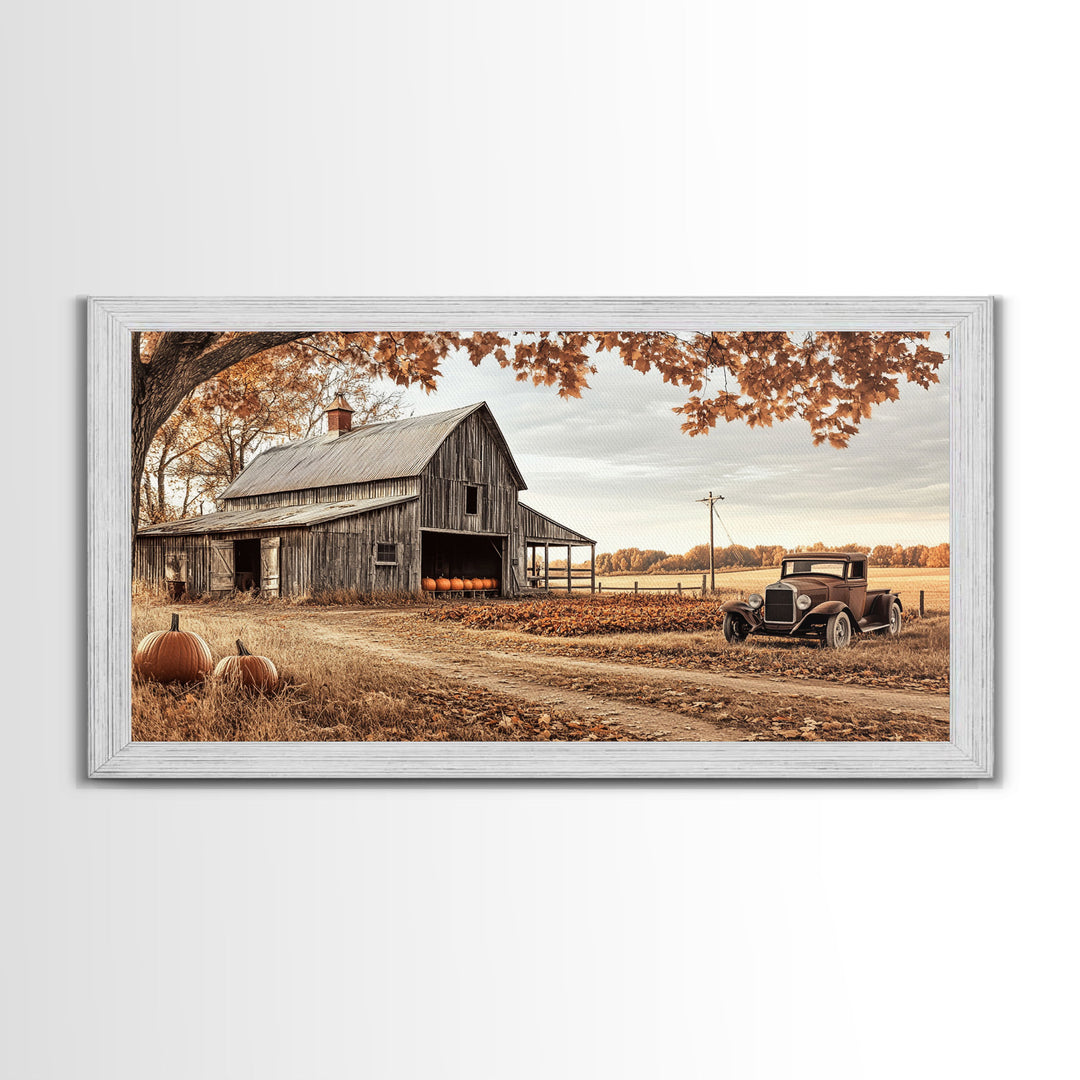 Farmhouse Autumn Decor Framed Canvas Print with Rustic Truck and Barn, Fall Country Art Wall Decor, Pumpkin Harvest Gift Idea Seasonal Decor